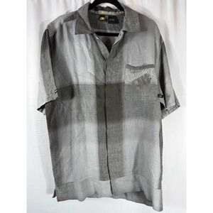 Alphanumeric Mens Vintage Gray Plaid Linen Short Sleeve Button Up Shirt Size‎ L